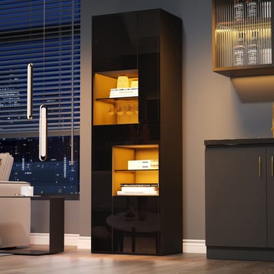 Glazen vitrinekast 55x38x170 cm met LED-verlichting - hoge kast met 1 lade en 4 kasten - hoogglans ontwerp woonkamerkast - zwart
