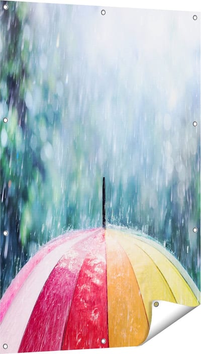 Gards Tuinposter Regenboog Paraplu met Regen - 80x120 cm - Tuindoek - Tuindecoratie - Wanddecoratie buiten - Tuinschilderij