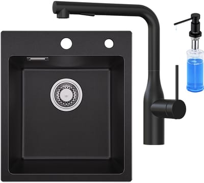 SOFETIY MAX Granieten spoelbakken 40*45cm - Spoelbak Keuken Met Keuken Kraan en Zeepdispenser 300ML - Gootsteen Met Waterafvoersysteem - Wasbak Keuken - Zwart