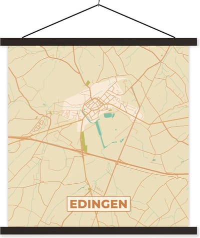 Posterhanger incl. Poster 60x60 cm - Schoolplaat - Vintage - Plattegrond - Stadskaart - Edingen - Kaart - Textielposter - Zwarte latten - Stadskaart