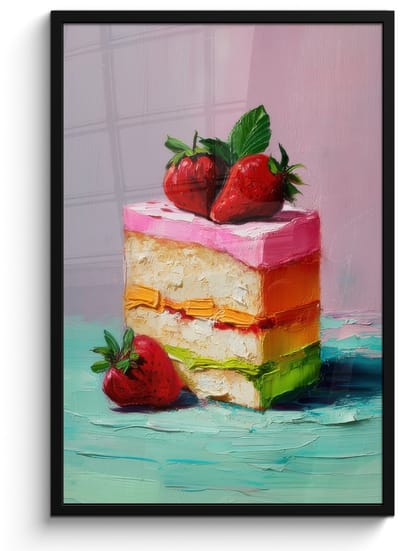 Poster in lijst - Fotolijst 60x90 cm - Posters - Taartje - Aardbeien - Glazuur - Kleurrijk - Posterlijst zwart - Decoratie - Wanddecoratie woonkamer - Muurdecoratie slaapkamer