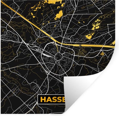 Muurstickers - Sticker Folie - Kaart - Goud - Plattegrond - Hasselt - Stadskaart - 100x100 cm - Plakfolie - Muurstickers Kinderkamer - Zelfklevend Behang XXL - Zelfklevend behangpapier - Stickerfolie