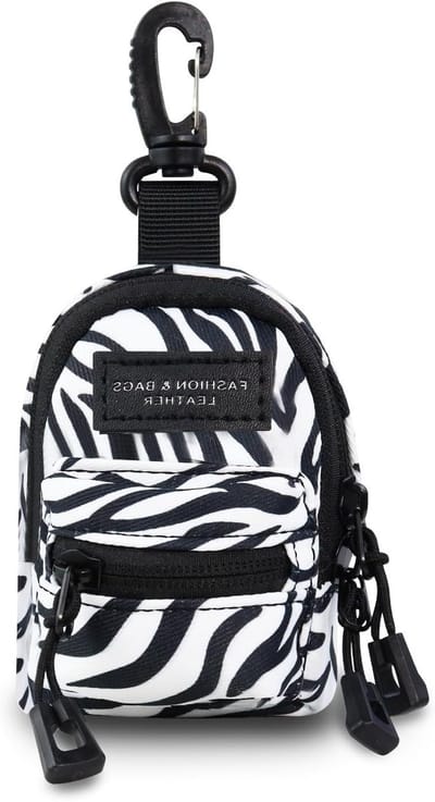 Mini rugzakvormige portemonnee met rits en karabiner, 2 vakken, zebra design, ideaal voor munten en sleutels