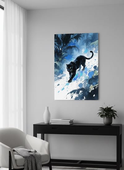 Luxe Canvas Schilderij - Zwarte Panter in de Regen - 60 x 40 cm - 1 cm Dikte - Aquarel Stijl Wanddecoratie