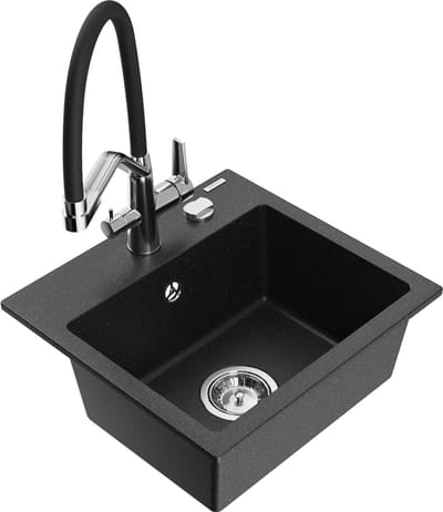 Mexen Milo granieten gootsteen 1-compartiment met keukenkraan Duo, zwart/zilver metallic - 6505-73-671701-07