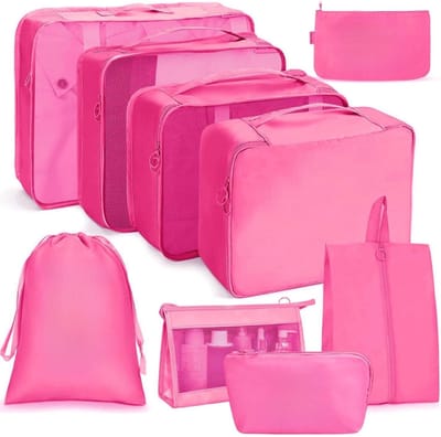 Famanu – Reisverpakkingskubussen - 9 stuks koffer organizer set - bagage organizer waterdichte koffer essentiële tas - verpakking kubussen voor koffer reizen accessoires(Roze)