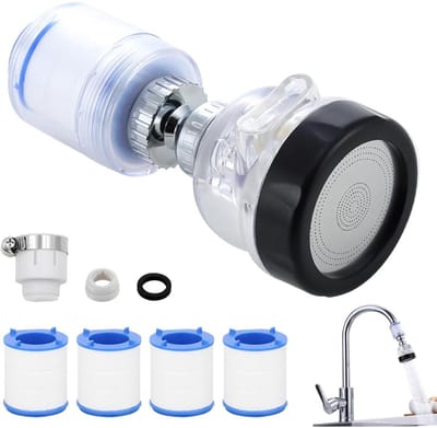 Allecto plus - Waterkraanfilter met 360° rotatie en drie wateruitlaatmodi, één knop omschakeling, inclusief 4 PP-katoenen filters, voor keukens, wastafels en badkamers (transparant)