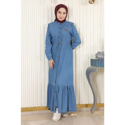 Taillekoord Geknopt Denim Jurk Lichtblauw