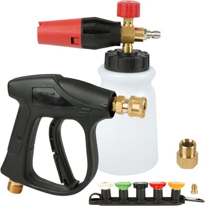 Professionele Foam Cannon voor Hogedrukreiniger, 3000 PSI, Inclusief 5 Spuitmonden, 1 L Fles en 360° Draaibare Handgreep voor Auto- en Tuinreiniging