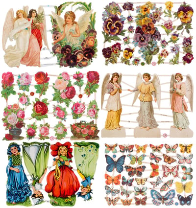 Poëzieplaatjes - 6 vellen - plaatjes - hobby - creatief - decoupage - knutselen - scrapboek - met ENGELEN - ROZEN - VIOOLTJES - VLINDERS- BLOEMEN