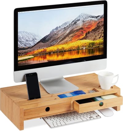 Famanu – Monitorstandaard - van bamboe - beeldschermverhoging met 2 laden en planken - bureau - 12 x 56 x 27 cm (h x b x d) - naturel