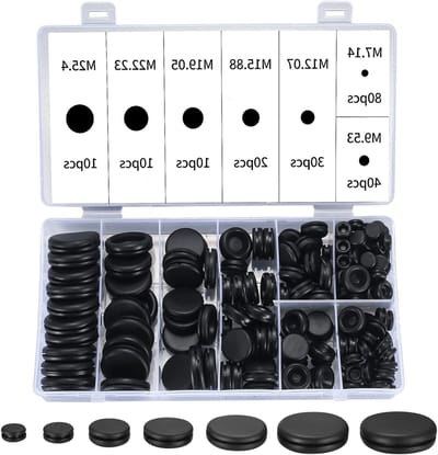 Set van 200 Rubber Grommets en Caps voor Kabels, Zwarte Rubber Washers en Blind Plugs voor Kabels en Stekkers