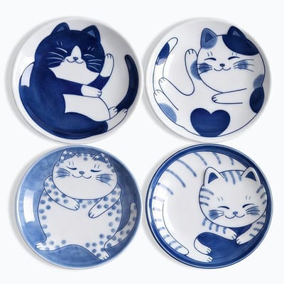 Set van 4 Mini Keramische Sojasauskommen van 10 cm met Schattige Kattenpatronen, Ideaal Cadeau voor Kattenliefhebbers en Voor Serveerplaten