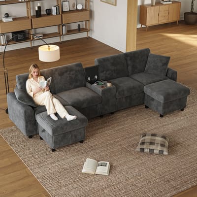 U-vorm corduroy bank met 2 opberghockers en bijzettafel - USB, Type-C en stopcontacten - 315x135x81 cm - grijs - 2 drankhouders - ruime zit voor het hele gezin
