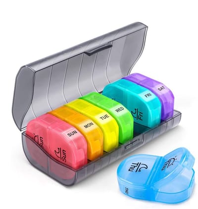 Draagbare opbergdoos 7 dagen 's ochtends en 's avonds, één doos, 2 zakken, vochtbestendige draagbare opbergdoos voor handtassen of zakken, voor opslag (Regenboog)
