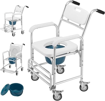 Rolstoel met toilet - Toiletstoel mobiel - Dagelijkse zorg - Afneembare hygiëne-emmer - 55 x 70 x 96 cm - Wit