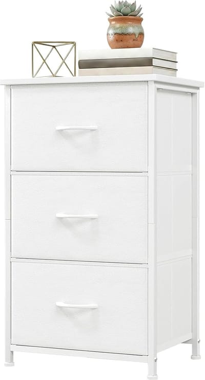 Moderne Ladekast met 3 Stoffen Laden - Compacte Commode met Houten Bovenblad - Nachtkastje voor Slaapkamer, Woonkamer & Hal - wit - 75 cm Hoog