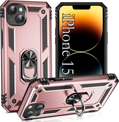 Casemania Hoesje Geschikt voor Apple iPhone 15 Rosegoud - Anti-Shock Hybrid Armor Back Cover - Hoes met Kickstand Ring