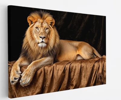 Saammp Canvas Schilderij - Leeuw op deken - Kunst - Dieren - Abstract - 60x40 - Foto op canvas - Wanddecoratie - Muurdecoratie Woonkamer - Slaapkamer decoratie - Canvas Print