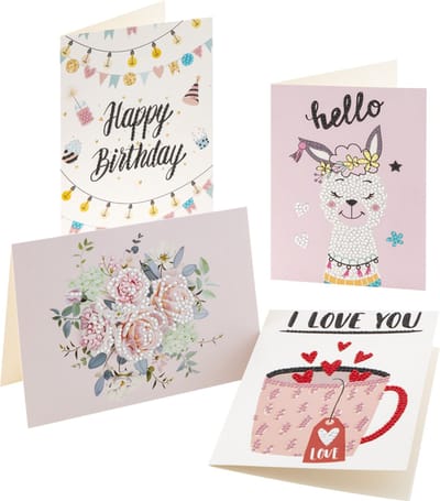 Craft Sensations® Diamond Painting Kaarten | Thema Verjaardag | Wenskaarten set van 4 stuks | Inclusief envelop | Hobbypakket