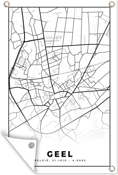 Muurdecoratie België – Geel – Stadskaart – Kaart – Zwart Wit – Plattegrond - 120x180 cm - Tuinposter - Tuindoek