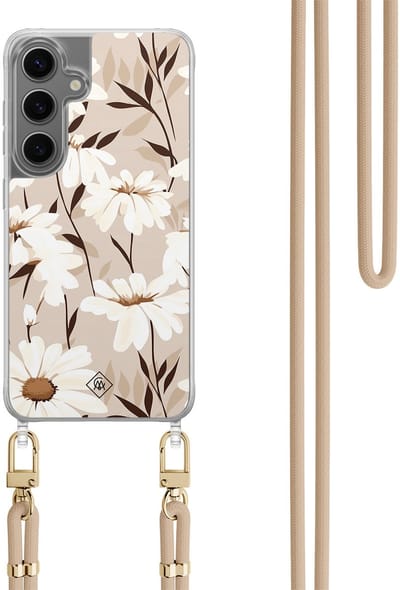 Casimoda® hoesje met koord - Geschikt voor Samsung S24 Plus - In Bloom - Afneembaar koord - TPU/polycarbonaat - Bruin/beige