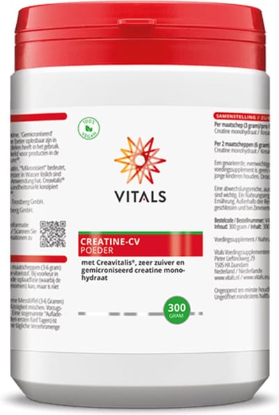 Vitals Creatine-CV - 300 gram poeder. Met Creavitalis®, zeer zuiver en gemicroniseerd creatine monohydraat. NZVT-keurmerk: geschikt voor topsporters, getest op doping.
