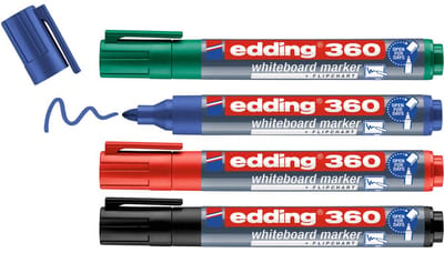 edding 360 whiteboard marker set met 4 kleuren - zwart, rood, blauw, groen - ronde punt 1,5-3 mm - ook geschikt voor flipover papier - navulbaar - cap-off technologie