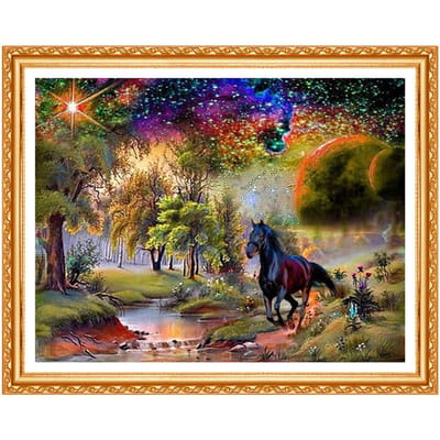 Peinture diamant cheval noir, broderie complète au point de croix, paysage, décoration 20X30CM beige