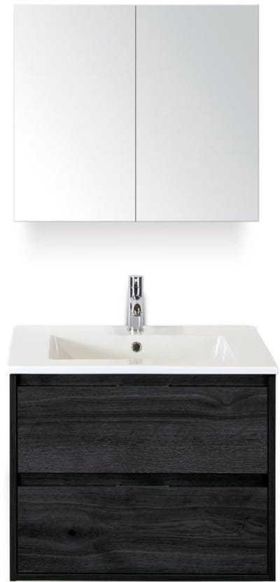 Porto Badmeubelset 70 cm - Black Oak - Keramische Wastafel Wit Slim met Spiegelkast
