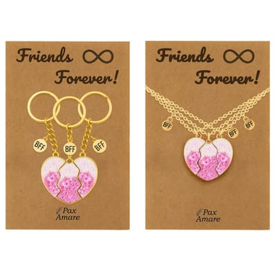 BFF Ketting + Sleutelhanger voor 3 ' Friends Forever' - Magnetisch Glitter Hartje Roze - Bundel op Cadeau Kaartje - Goudkleurig - Vriendschap Symbool - Pax Amare