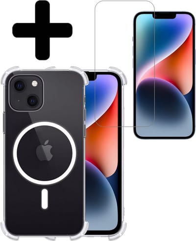 Hoesje - Met Screenprotector - Geschikt voor Apple iPhone 14 Plus - Magsafe Compatible - Sterk & Shockproof - Back Cover - Shock Proof Case - Telefoon Hoes - Telefoonhoesjes - Transparant