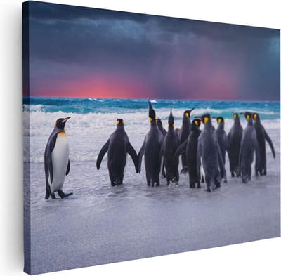Artaza Canvas Schilderij Dieren - 40x30 cm - Klein - Wanddecoratie Zee - Muurdecoratie Pinguïns Strand - Kamer Accessoires