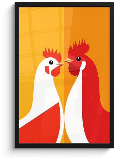 Poster in lijst - Fotolijst 40x60 cm - Posters - Kippen - Oranje - Vlakken - Posterlijst zwart - Decoratie - Wanddecoratie woonkamer - Muurdecoratie slaapkamer