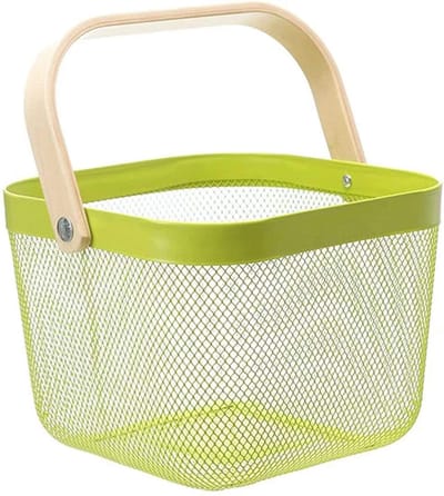 RVS picknickmand fruitmandje boodschappen winkelmandje met houten hengsel (24x24x18cm) lichtgroen