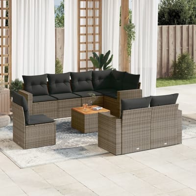vidaXL - 9-delige - Loungeset - met - kussens - poly - rattan - grijs