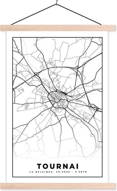 Posterhanger incl. Poster 40x60 cm - Schoolplaat - Zwart Wit – België – Plattegrond – Stadskaart – Kaart – Tournai - Textielposter - Blanke latten - Stadskaart