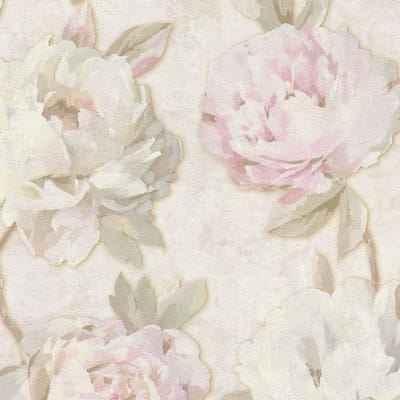 Bloemen behang Profhome 791671-GU vliesbehang hardvinyl warmdruk in reliëf licht gestructureerd met bloemmotief mat crème roze bleekgroen beige 5,33 m2