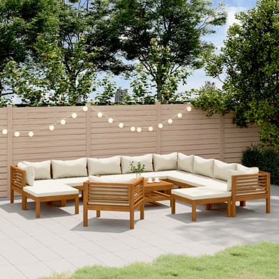 vidaXL - 12-delige - Loungeset - met - crèmekleurige - kussens - massief - acaciahout
