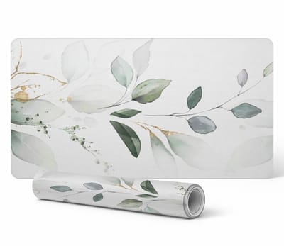 Beschermende bureauonderlegger met delicate bladeren in aquarelprint, 90x45 cm