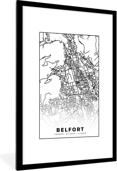 Fotolijst incl. Poster Zwart Wit- Stadskaart - Belfort - Plattegrond - Kaart - Frankrijk - Zwart wit - 80x120 cm - Posterlijst