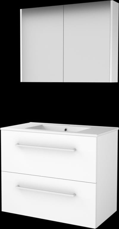 Basic Comfort 46 badmeubelset met spiegelkast, wastafelonderkast met grepen, 2 lades en porseleinen wastafel met 1 kraangat 80 x 46 cm, ice white