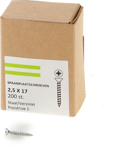Hoenderdaal Spaanplaatschroef verzinkt platverzonken kop PZ1 voldraad 2.5X17 (per 200 stuks)