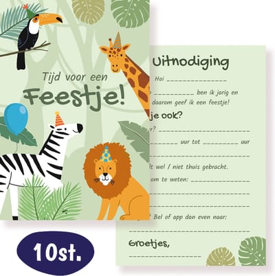 Uitnodiging Kinderfeestje – 10 stuks – Jungle Uitnodigingskaarten – Safari – Uitnodigingen Verjaardag Feestje – Jongen en Meisje