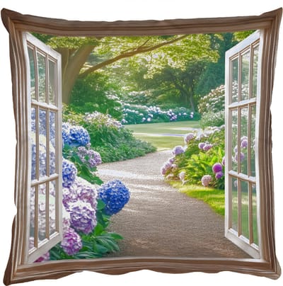 Sierkussens - Kussentjes Woonkamer - 50x50 cm - Doorkijk - Tuin - Raam - Hortensia - Bloemen