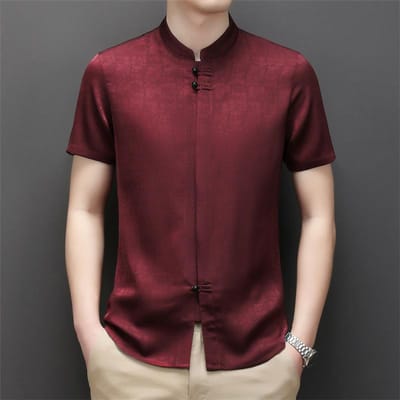 Zomer Chinese Stijl Korte Mouw Herenshirt Verborgen Bloem Platte Knoop Opstaande Kraag Casual Herenvoering M black