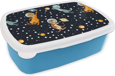Broodtrommel Blauw - Lunchbox - Brooddoos - Planeten - Hond - Patroon - 18x12x6 cm - Kinderen - Jongen