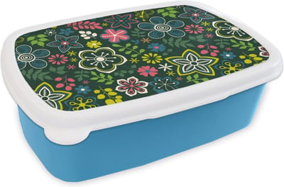 Broodtrommel Blauw - Lunchbox - Brooddoos - Bladeren - Patronen - Bloemen - 18x12x6 cm - Kinderen - Jongen