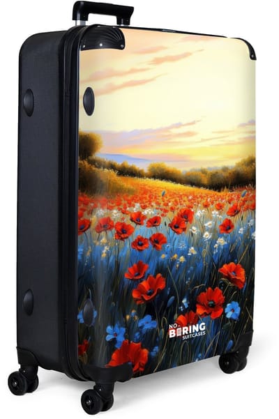 NoBoringSuitcases.com® - Koffer groot - Reiskoffer lichtgewicht - Klaprozenveld met blauwe en rode bloemen bij zonsondergang - Rolkoffer met 4 wielen - Grote trolley XL - 98 liter bagage