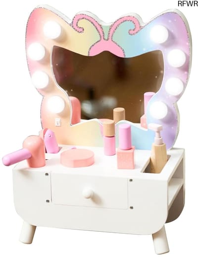 RFWR® Make-uptafel voor kinderen met LED-verlichting – 6-delige accessoireset incl. föhn & make-upaccessoires – geschikt voor kinderen vanaf 3 jaar